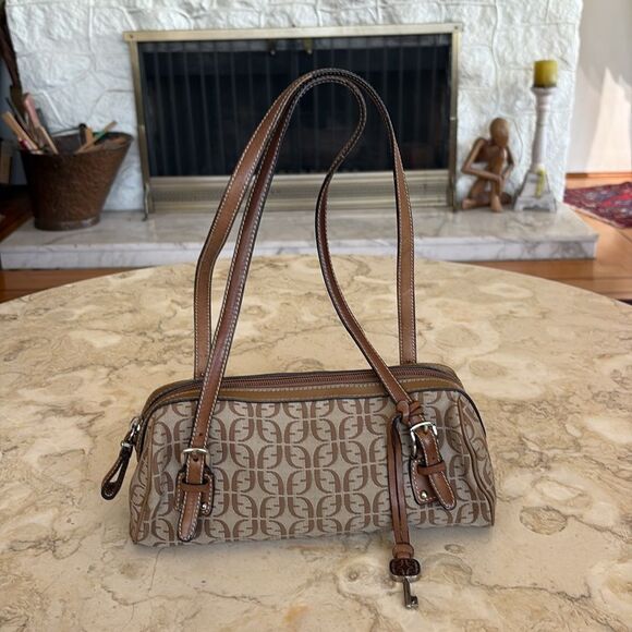 Fossil Khaki Beige Signature Canvas Brown Leather Small Satchel Shoulder Bag - Picture 4 of 16